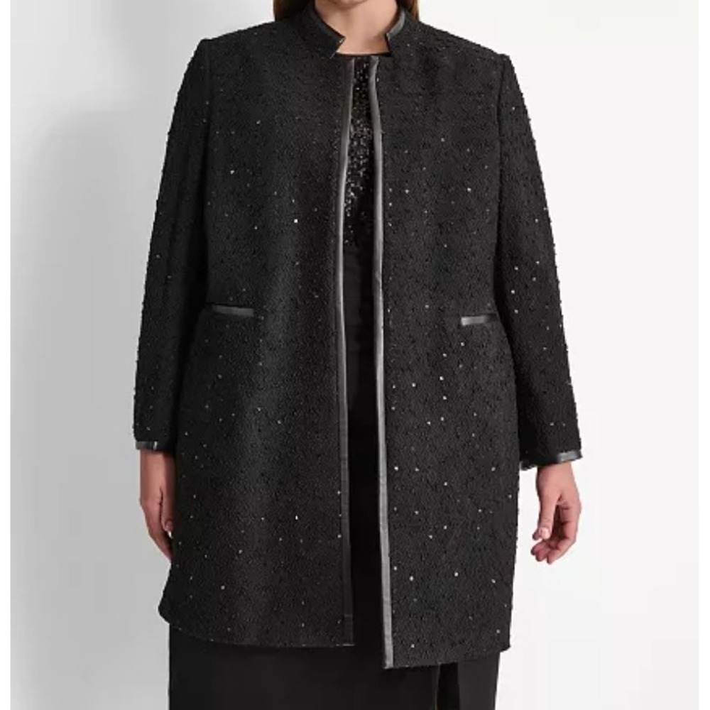Dkny Women's Career Faux-Leather-Trim Formal Coat Over Coat 14W NWT $199‎ Sequin